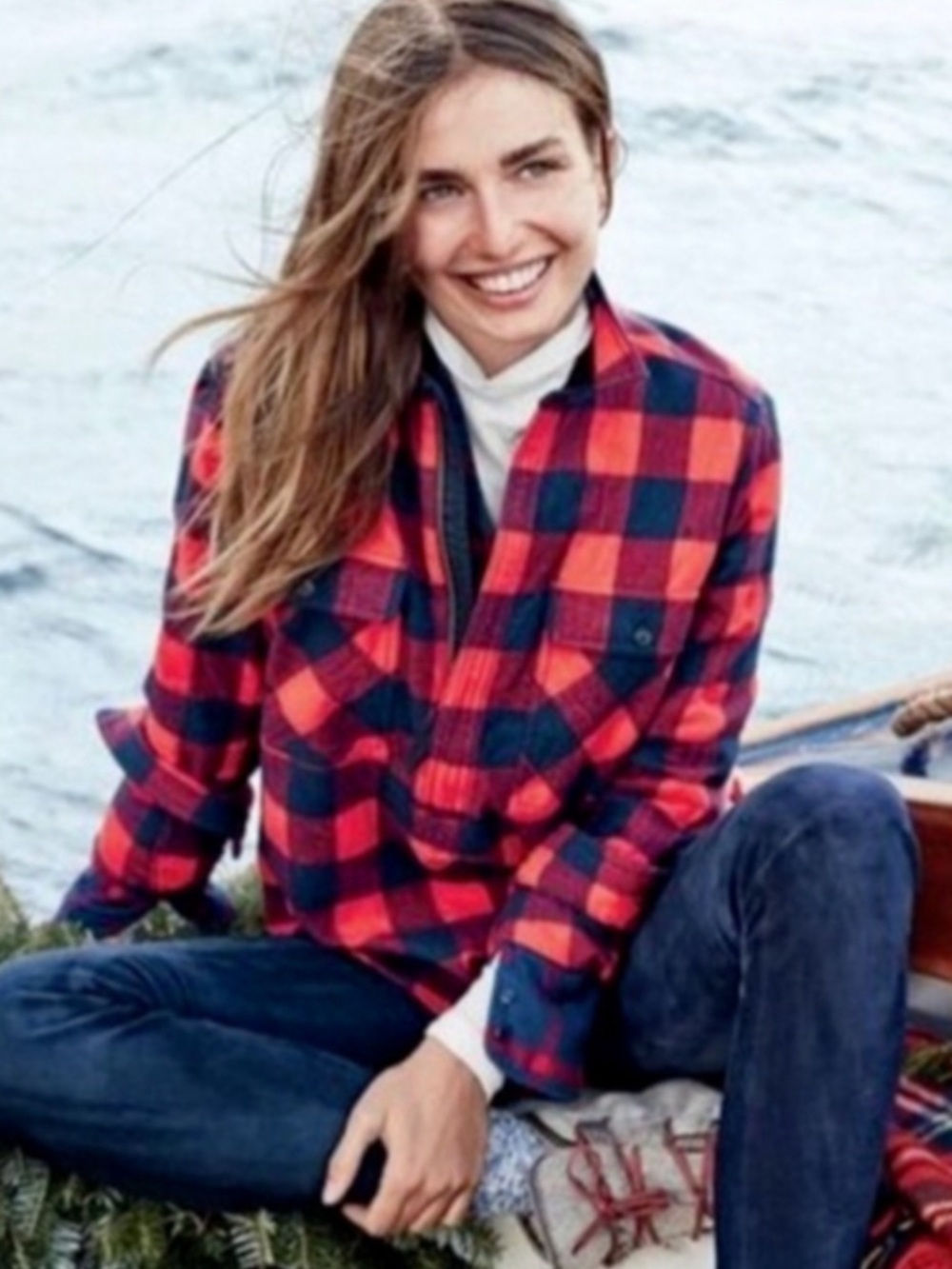J. Crew Red Navy Buffalo Plaid 1/2 Zip Popover Wool Blend Shirt Size Small